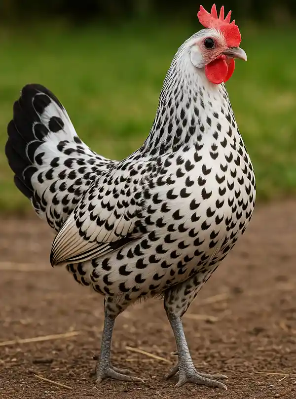 The Hamburg Chicken on a lush green background.