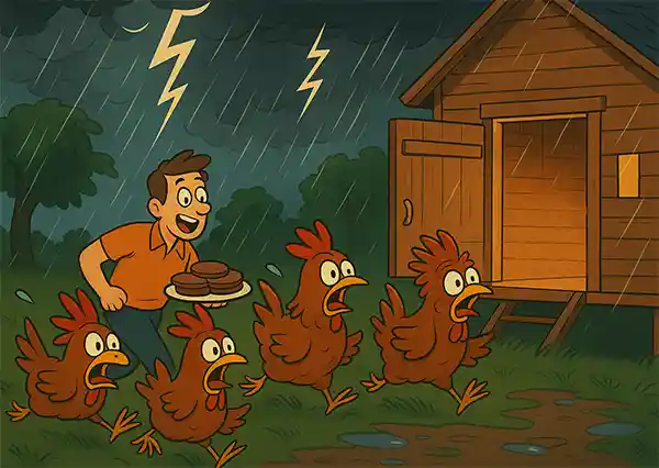 Running for Shelter.  Four cartoon chickens and their owner run for shelter from the storm.