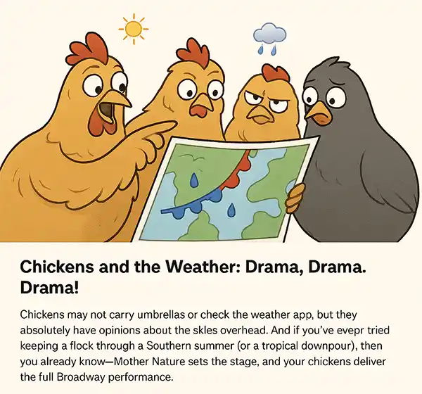 Cartoon Chickens checking the weather map.